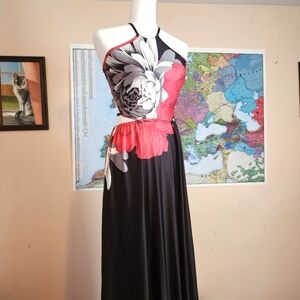 Black Red Cross Back Floral Maxi Dress